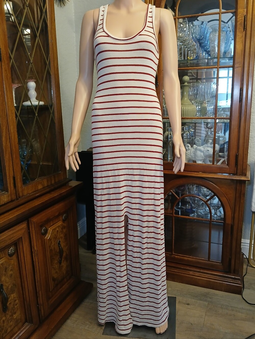 Sleeveless Cream and Red Stripe Maxi Dress
